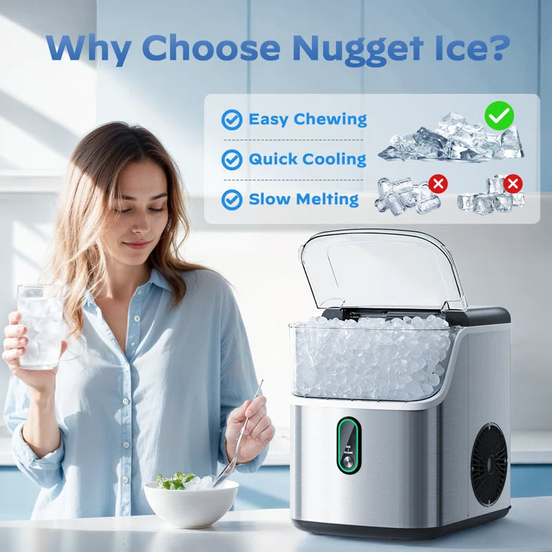 35 Lb. Nugget Stainless Steel Kitchen Countertop Ice Makers, Daily Production Chewable Ice Maker Machine for Camping and Party
