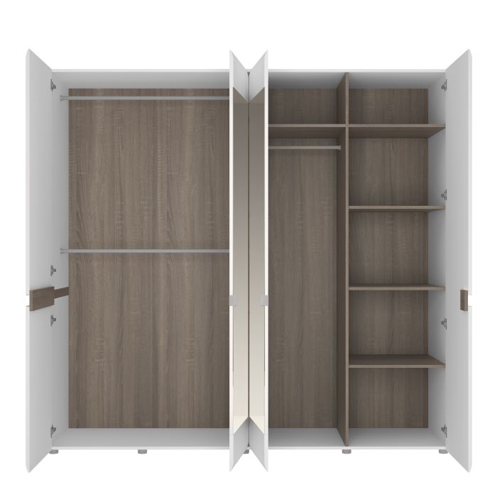 Chelsea Bedroom 4 Door Wardrobe with Mirrors in White with a Truffle Oak Trim