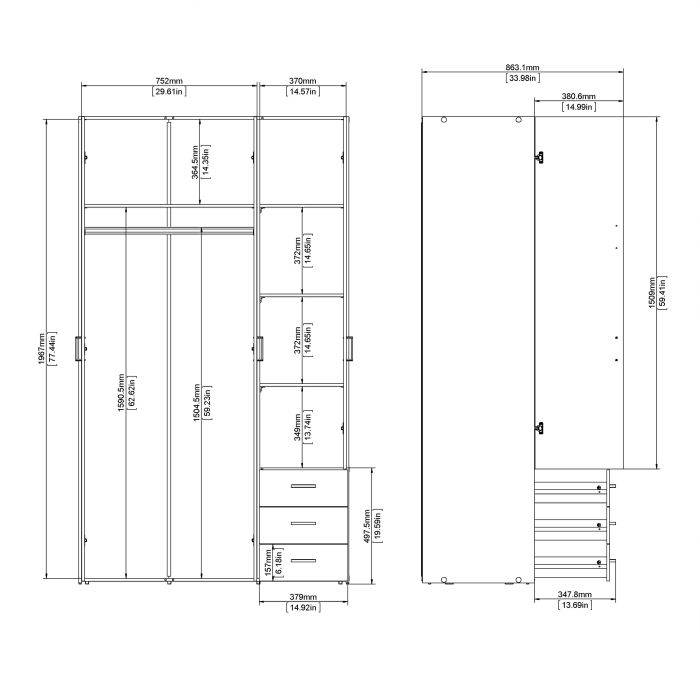 Space Wardrobe - 3 Doors 3 Drawers in Oak 2000