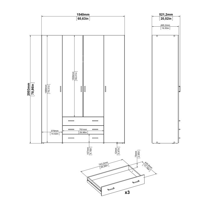 Space Wardrobe - 4 Doors 3 Drawers in White 2000