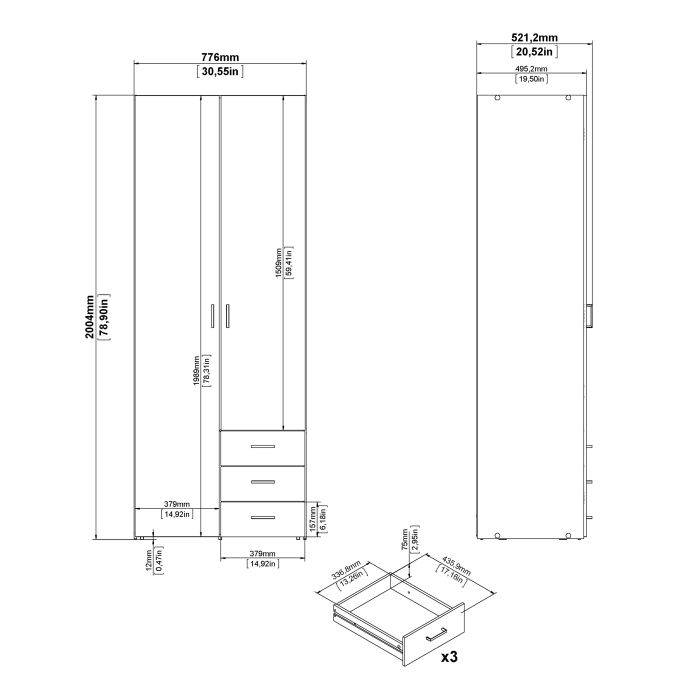 Space Wardrobe - 2 Doors 3 Drawers in White 2000