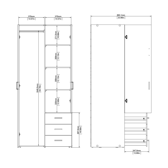 Space Wardrobe with 2 doors + 3 drawers White 1750