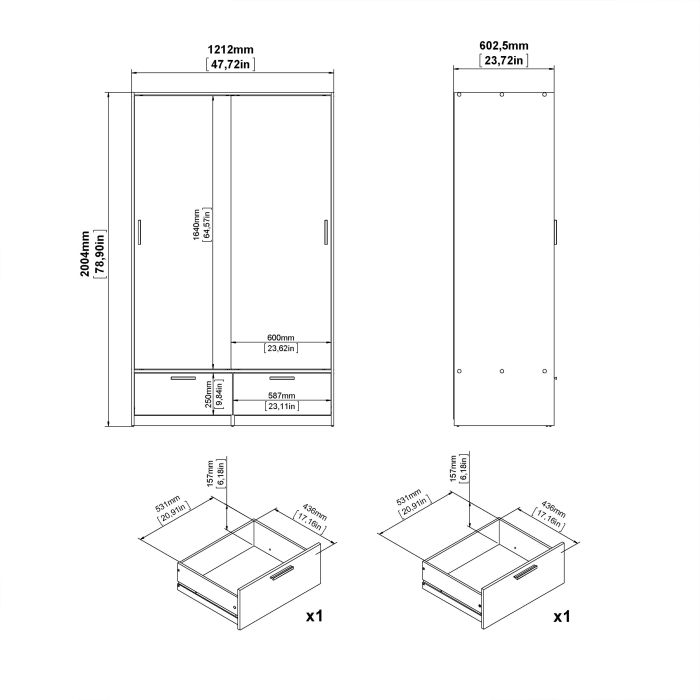 Line Wardrobe with 2 Doors 2 Drawers in White and Concrete