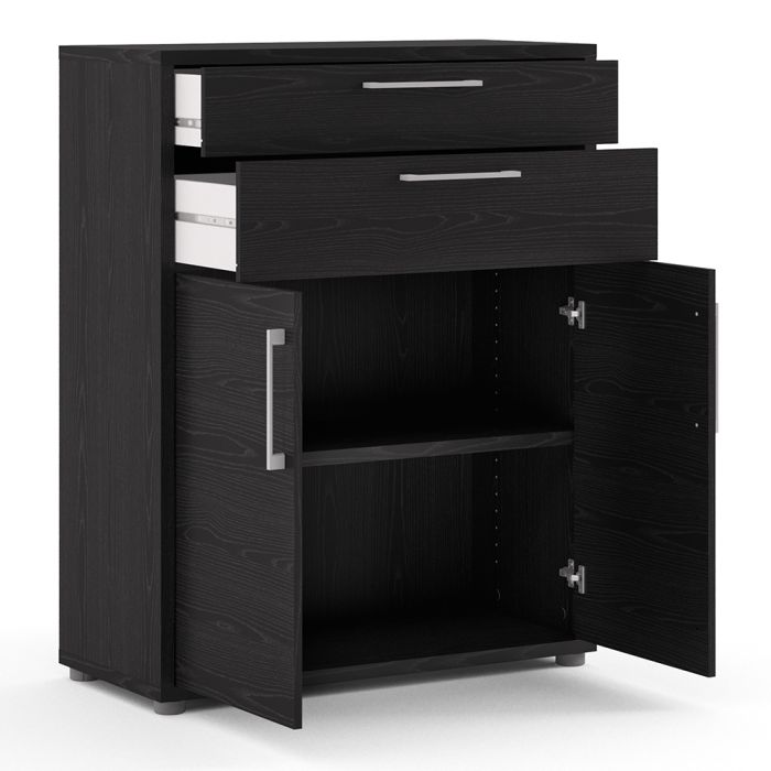 Prima Bookcase 1 Shelf With 2 Drawers 2 Doors In Black Woodgrain