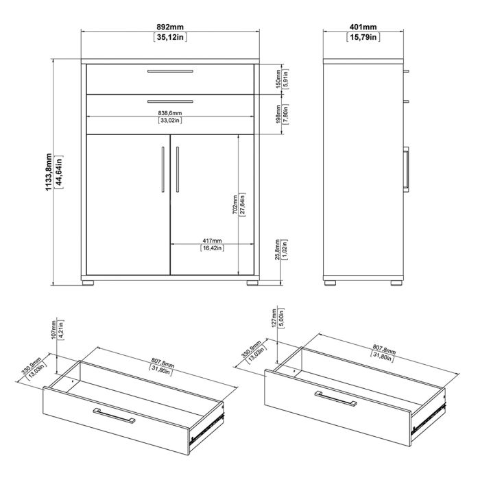 Prima Bookcase 1 Shelf with 2 Drawers 2 Doors in Oak